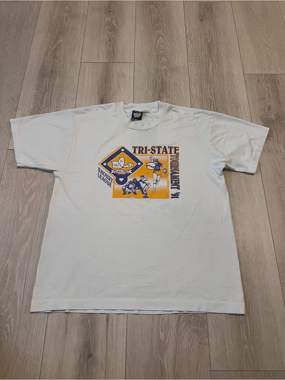 Screen Stars White Tee with Yellow & Blue Tri-State Graphic